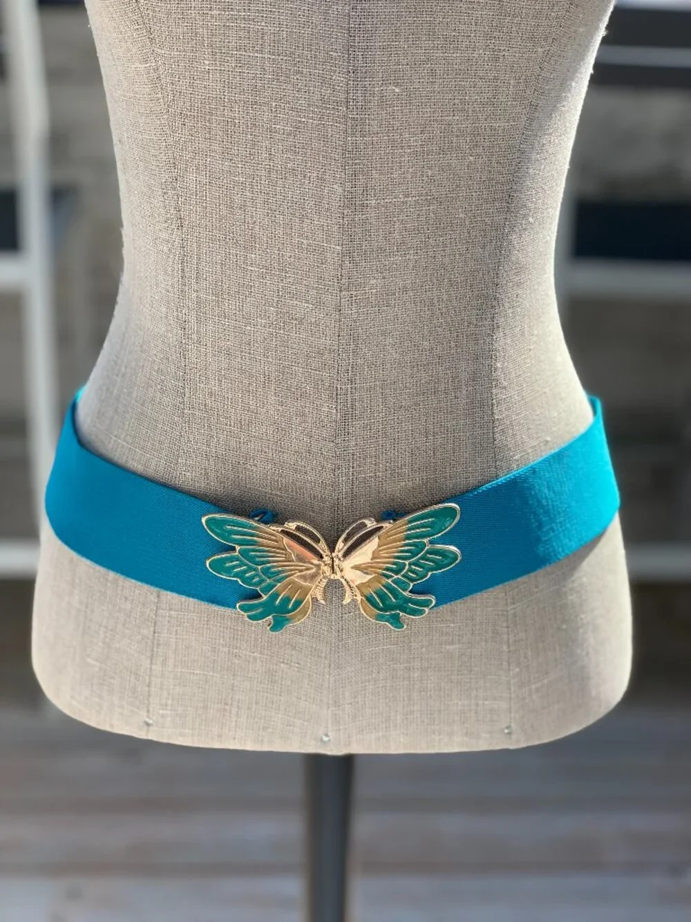 Vintage Wide Statement Cinch Waist Belt M Blue Elastic Gold Butterfly Buckle 90s